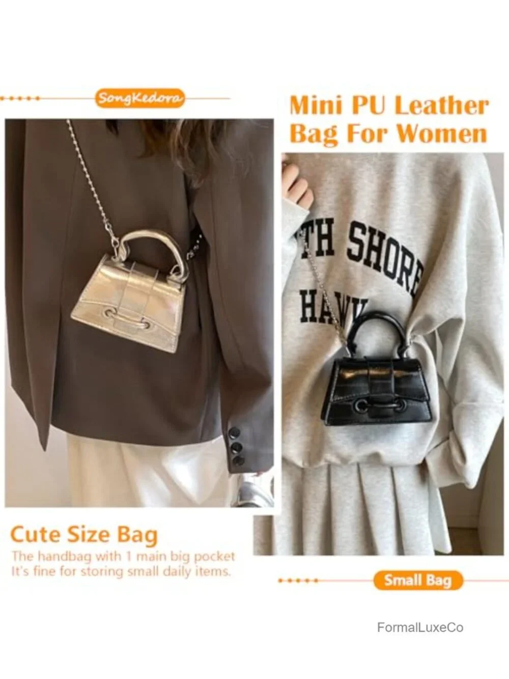 Faux Leather Mini Crossbody Handbag with Pearl Chain Strap for Prom Wedding